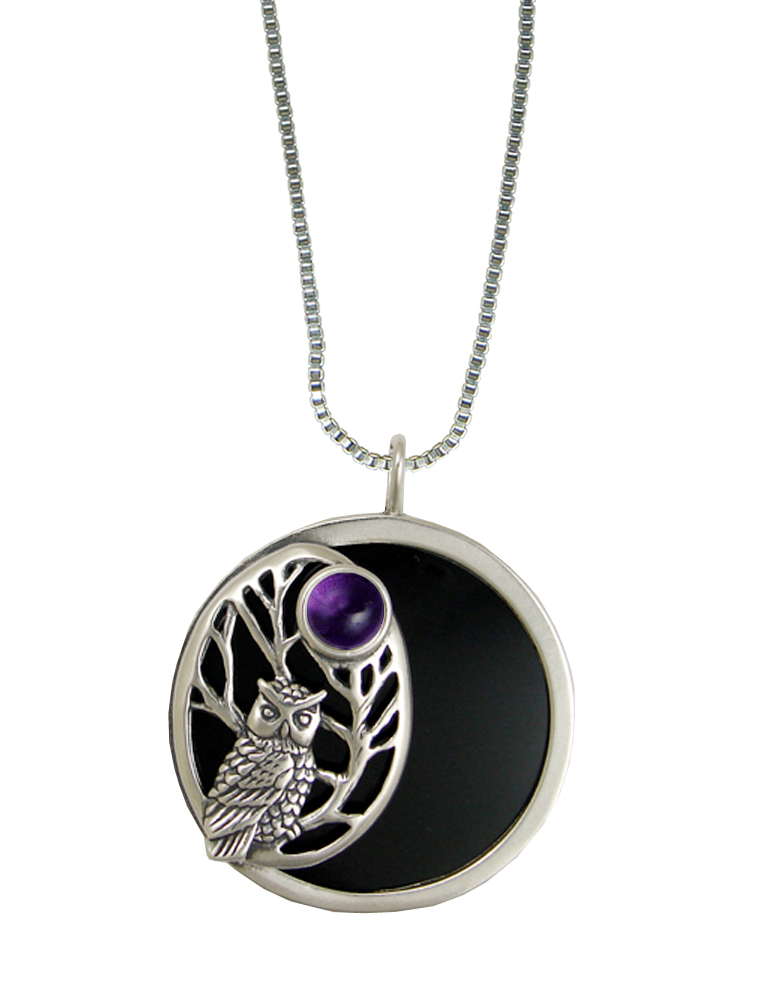 Sterling Silver Black Onyx Disc Wise Owl Pendant Necklace With Amethyst
